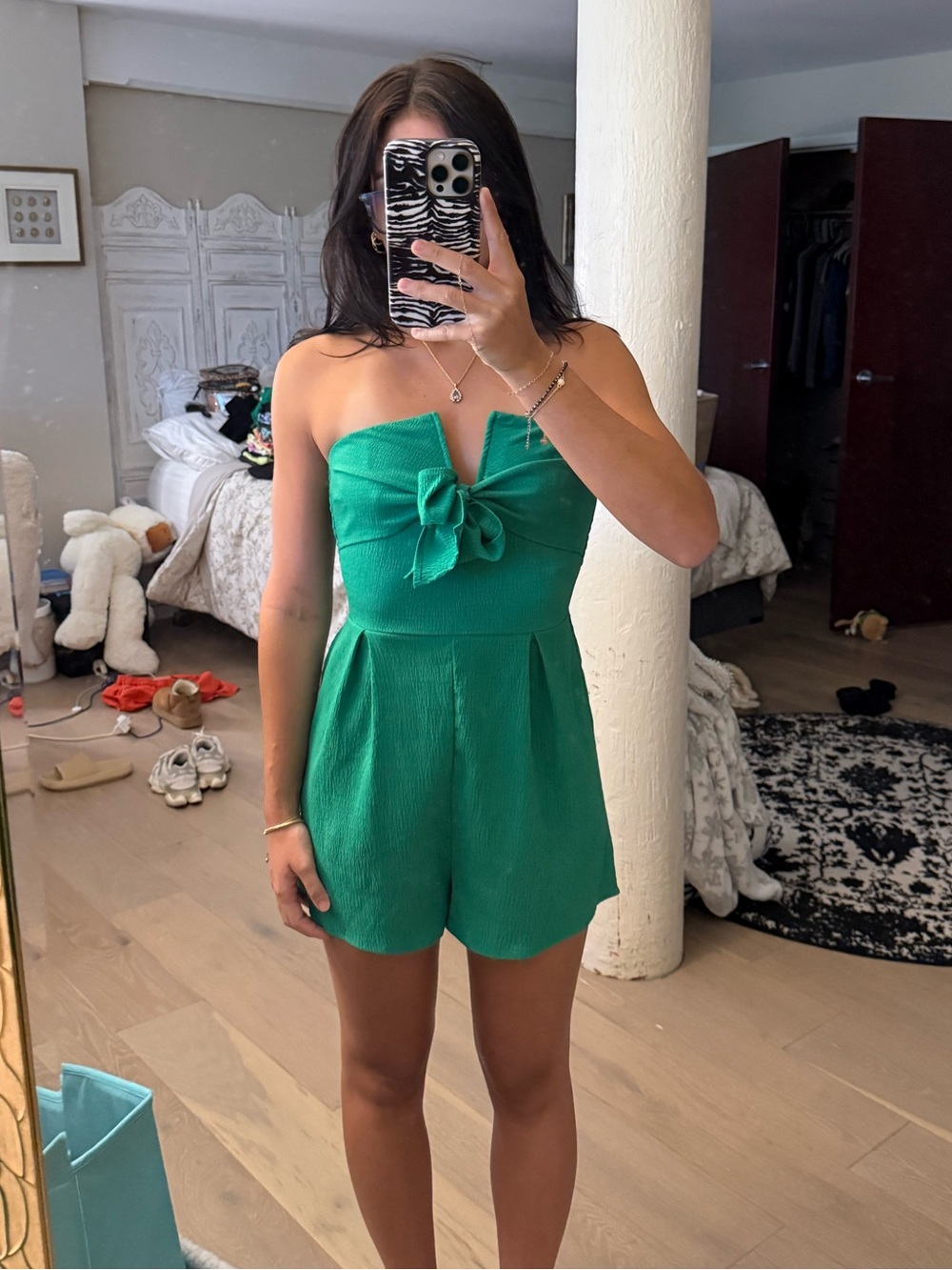 Strapless Green Bow-Front Romper Dress